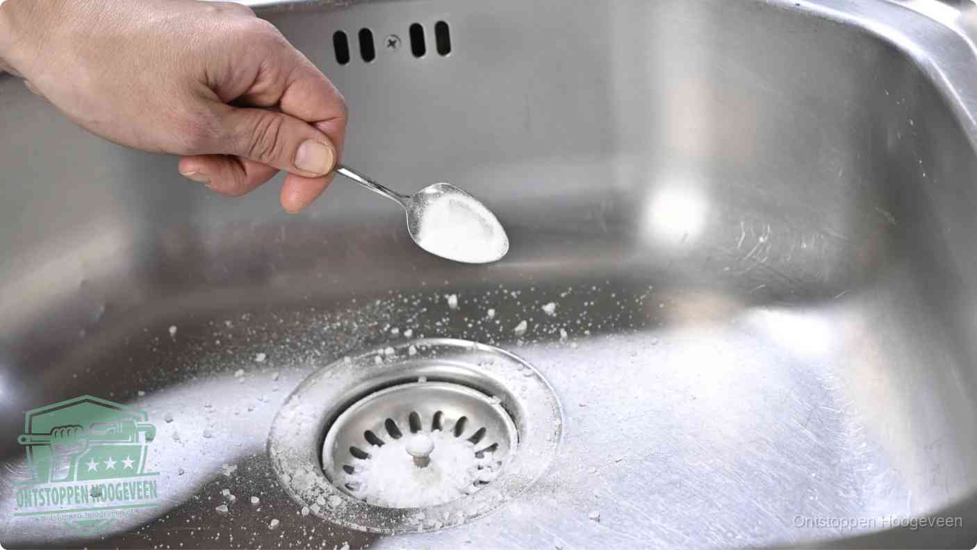 Een hand strooit met een lepel soda in de afvoer van een roestvrijstalen spoelbak, de soda en azijn huismiddel-methode om de afvoer te ontstoppen in Hoogeveen