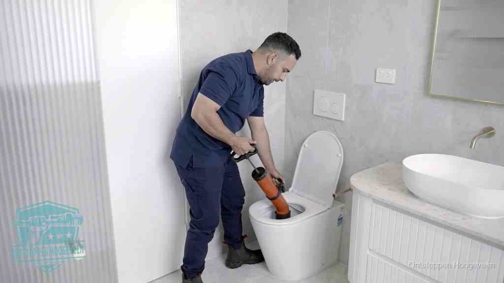 Een monteur buigt over een wandcloset en duwt met de hand een persluchtontstopper in de toiletpot om de verstopping handmatig los te maken in Hoogeveen