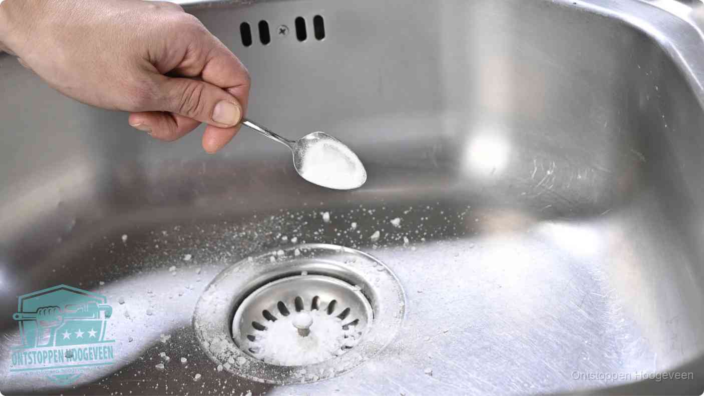 Hand strooit soda in de afvoer, riool ontstoppen met soda en azijn in Hoogeveen