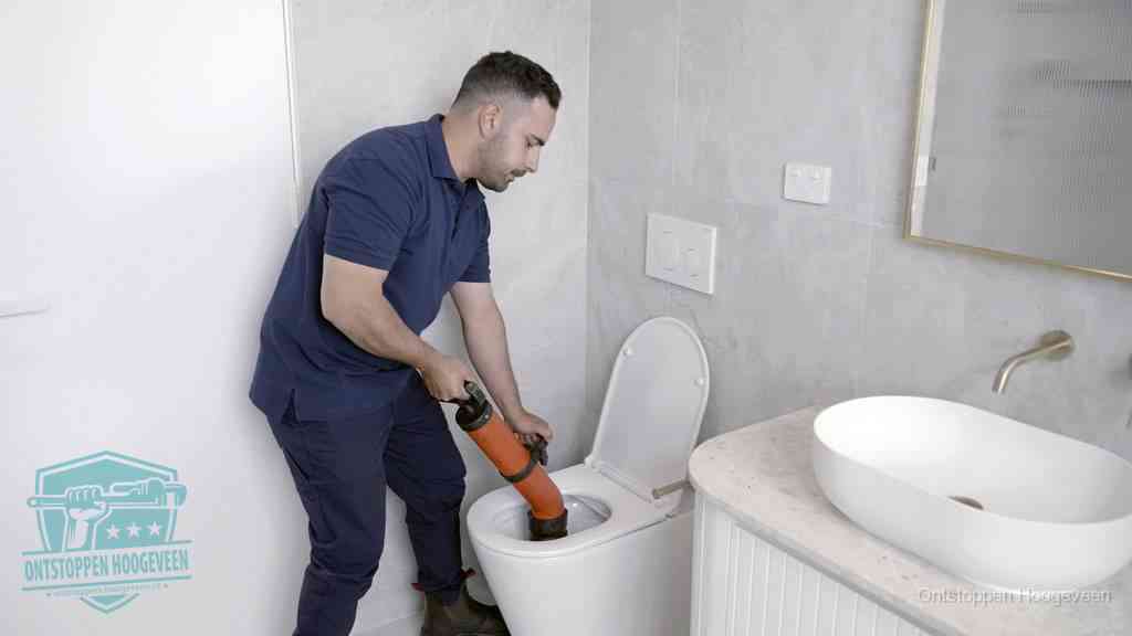 Een man gebruikt een handmatige luchtdruk-ontstopper in een modern betegeld toilet om zelf de wc te ontstoppen in Hoogeveen